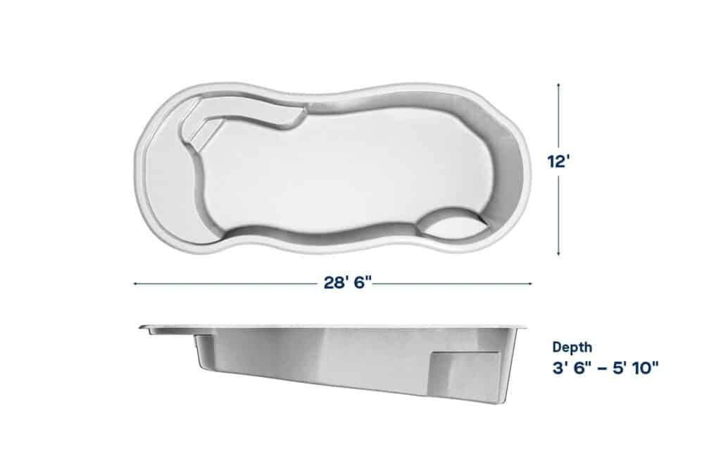 Vista Isle freeform fiberglass pool floor plan with tanning ledge and swim-up seating