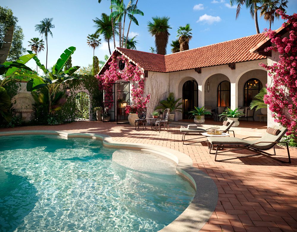 Round Fiberglass Pool with Patio Furniture and Landscaping