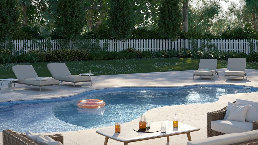 Small curved pool with cushioned patio furniture and a table with iced tea