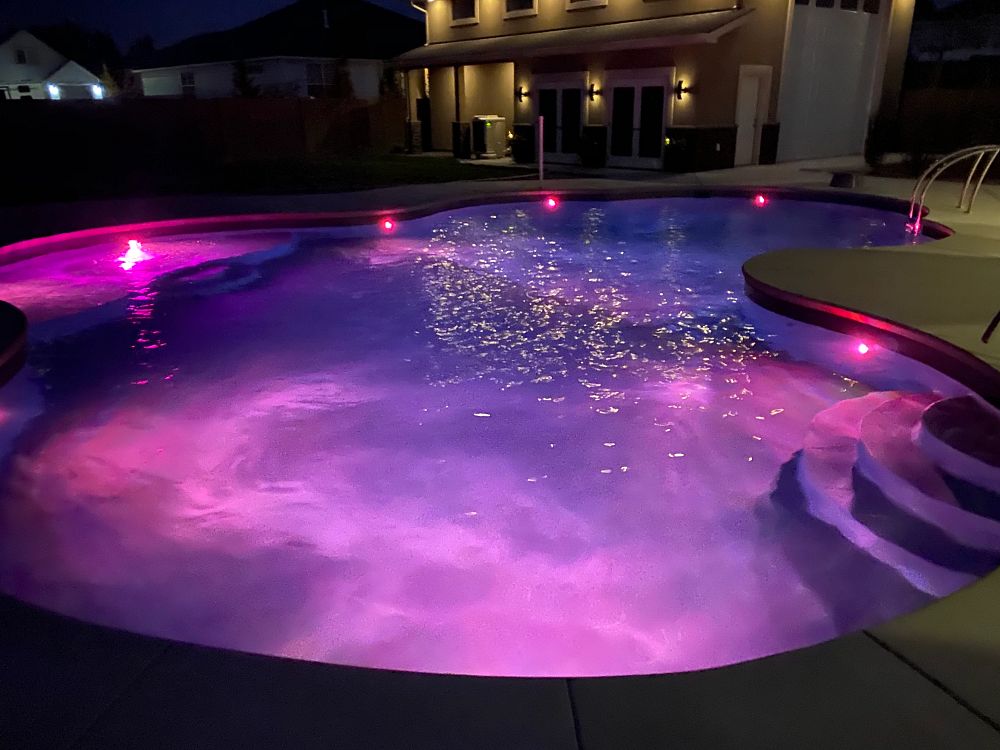 Curved vinyl liner pool with purple underwater lighting, stairs, and a tanning ledge