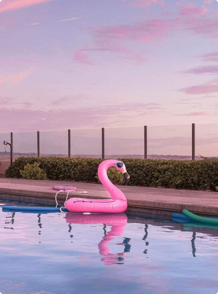 Pink flamingo float drifting in a pool at sunset near a fenced backyard.