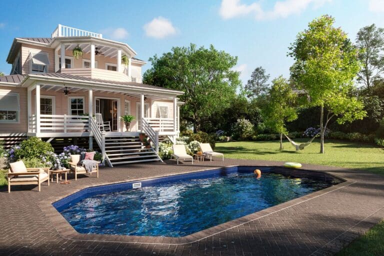Grecian shaped inground vinyl liner pool featuring a tanning ledge and surrounding stamped concrete patio.
